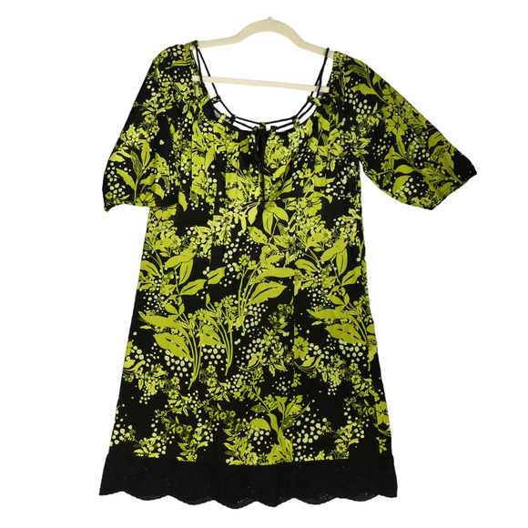 Moda Mini Dress Womens Small Green Black Floral Rope Detail Pleats Lace Boho - Picture 1 of 9